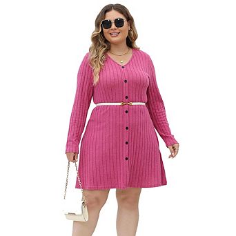 Women Plus Size Fall Deep V Ribbed Dress Button Accent A-Line Midi Dress Long Sleeve Dress