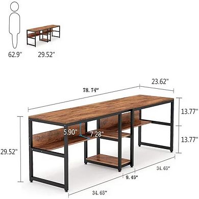 YIORTWO Double Computer Desk with Bookshelf, 78" Two Person Office Desk