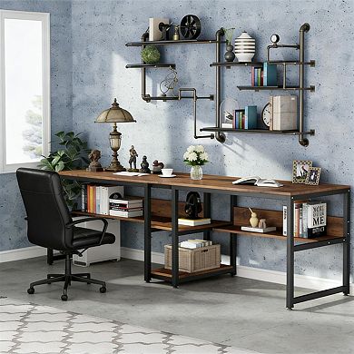 YIORTWO Double Computer Desk with Bookshelf, 78" Two Person Office Desk