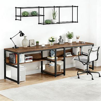 YIORTWO Double Computer Desk with Bookshelf, 78" Two Person Office Desk