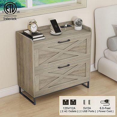 Vabches 2-Drawer Lateral File Cabinet with Charging Station, Wood Printer Stand for Home Office