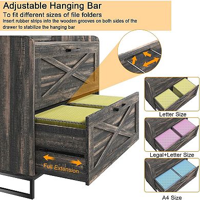 Vabches 2-Drawer Lateral File Cabinet with Charging Station, Wood Printer Stand for Home Office