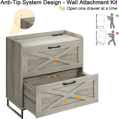Vabches 2-Drawer Lateral File Cabinet with Charging Station, Wood Printer Stand for Home Office