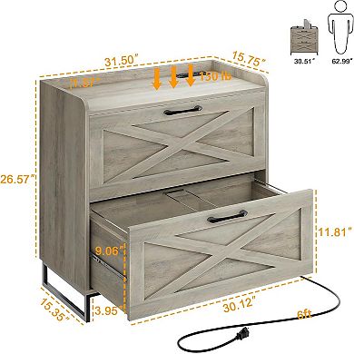 Vabches 2-Drawer Lateral File Cabinet with Charging Station, Wood Printer Stand for Home Office