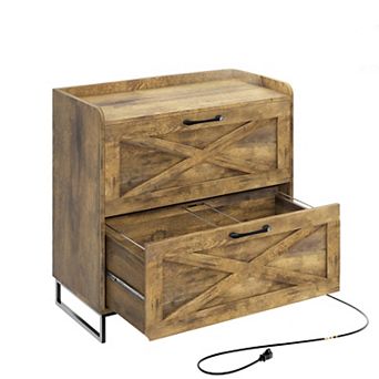 Office Lateral File Cabinet with Charging Station & 2 Drawers for Legal/Letter/A4 Size Hanging Files