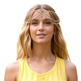 Headpiece Multi-layered Turquoise Head Chain Silver Tone 1 pc