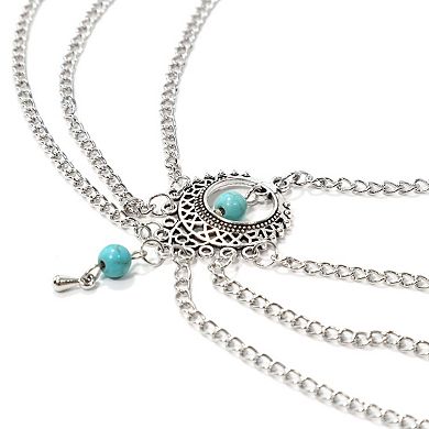 Headpiece Multi-layered Turquoise Head Chain Silver Tone 1 Pc