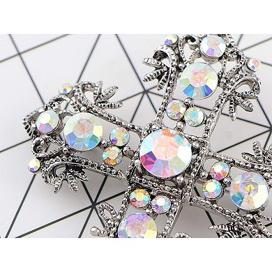 Antique Silvery Tone Multi Rhinestones Colorful Holy Cross Brooch Pin