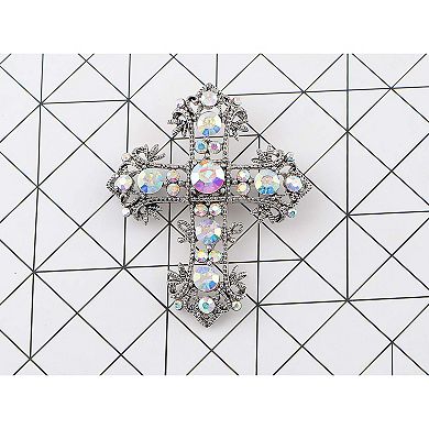 Antique Silvery Tone Multi Rhinestones Colorful Holy Cross Brooch Pin