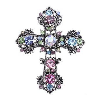 Antique Silvery Tone Multi Rhinestones Colorful Holy Cross Brooch Pin