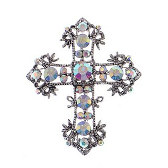 Antique Silvery Tone Multi Rhinestones Colorful Holy Cross Brooch Pin