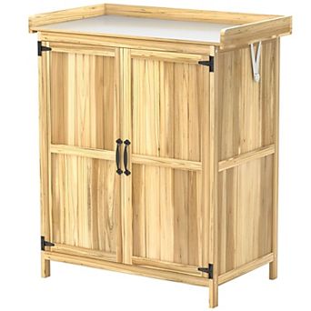 Outdoor Fir Wood Storage Cabinet with Hinged Roof and Double Doors