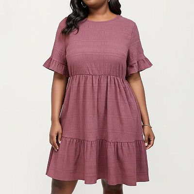 Anna-Kaci Women's Plus Size Short Sleeve Textured Dress with Crew Neck Tiered Skirt Ruffle Sleeve Detail, Plus-3X-18W-20W / Rustic Red