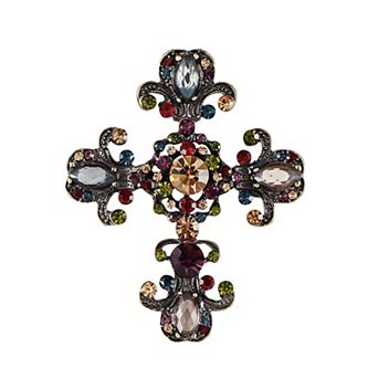 Antique Inspired Sparkly Crystal Rhinestones Pastel Holy Cross Brooch Lapel Pin & Pendant