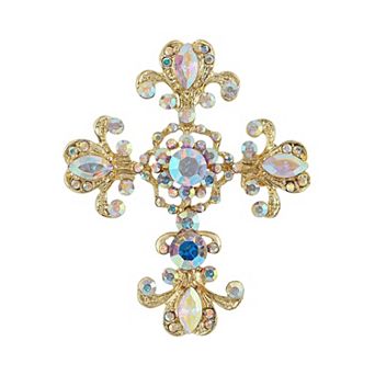 Antique Inspired Sparkly Crystal Rhinestones Pastel Holy Cross Brooch Lapel Pin & Pendant