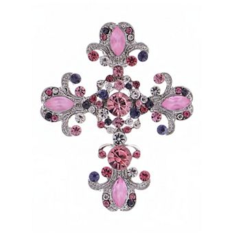 Antique Inspired Sparkly Crystal Rhinestones Pastel Holy Cross Brooch Lapel Pin & Pendant