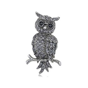 Antique Silvery Tone Grey Rhinestones Owl Bird Hoot Branch Brooch Pin