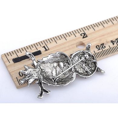 Antique Silvery Tone Grey Rhinestones Owl Bird Hoot Branch Brooch Pin