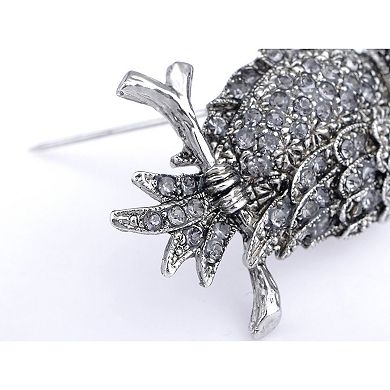 Antique Silvery Tone Grey Rhinestones Owl Bird Hoot Branch Brooch Pin