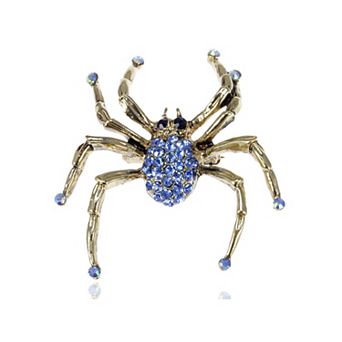 Antique Golden Tone Sapphire Blue Colored Rhinestones Spider Bug Brooch Pin