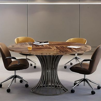 Round Conference Table for 4-6 with Metal Base and Wood Grain Top