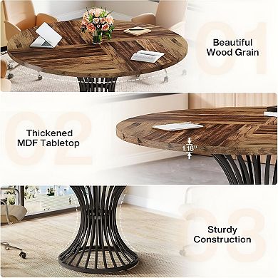 Round Conference Table for 4-6 with Metal Base and Wood Grain Top