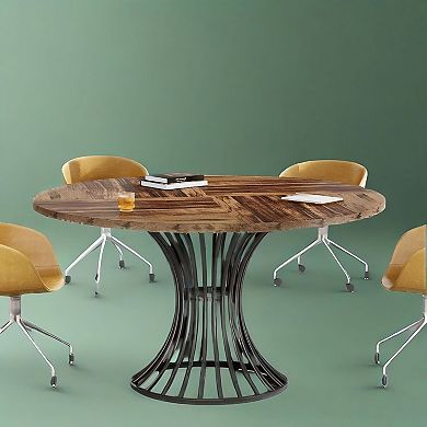 Round Conference Table for 4-6 with Metal Base and Wood Grain Top