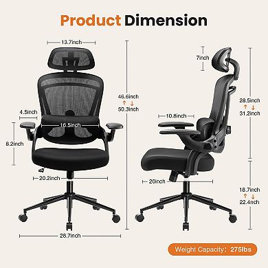 YIORTWO High Back Mesh Office Chair with Adjustable Lumbar Support & Headrest, Flip-Up Arms