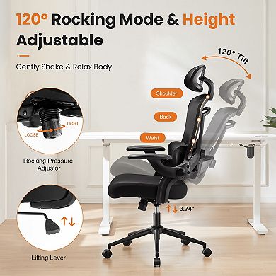 YIORTWO High Back Mesh Office Chair with Adjustable Lumbar Support & Headrest, Flip-Up Arms