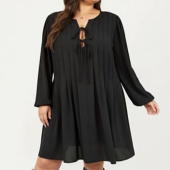 Women's Plus Size Long Sleeve Tie Neck Dress with Pleated Front Detail Loose Fit A Line Mini Dress