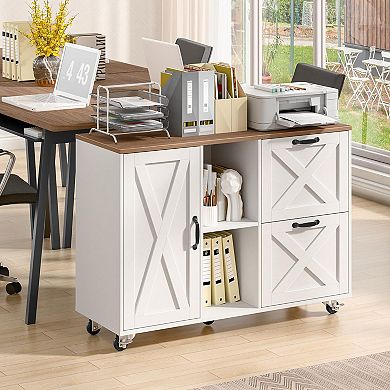 Mobile Lateral File Cabinet with 2 Drawers & Door, Office File Cabinet for A4 Size Hanging Files
