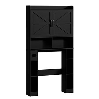 Over The Toilet Storage Cabinet with Barn Doors, Space-Saving Bathroom Organizer Rack with Shelves