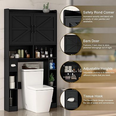 Over The Toilet Storage Cabinet with Barn Doors, Space-Saving Bathroom Organizer Rack with Shelves
