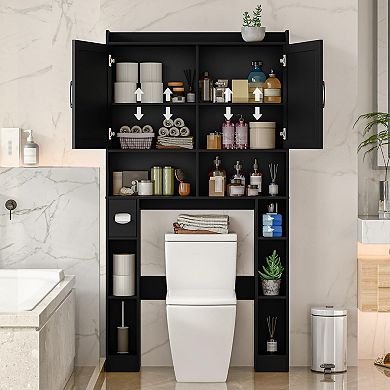 Over The Toilet Storage Cabinet with Barn Doors, Space-Saving Bathroom Organizer Rack with Shelves