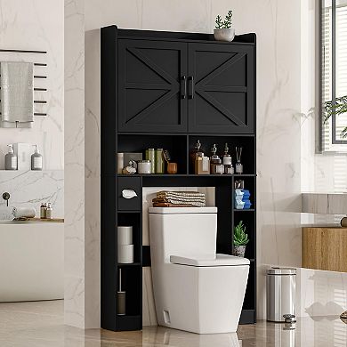 Over The Toilet Storage Cabinet with Barn Doors, Space-Saving Bathroom Organizer Rack with Shelves