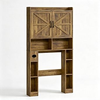 Vabches Over Toilet Storage Cabinet with Barn Doors, Farmhouse Bathroom Organizer with Towel Rack