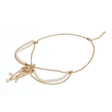 Headpiece Vintage Rhinestone Faux Pearls Head Chain Gold Tone 1 Pc
