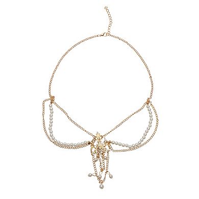 Headpiece Vintage Rhinestone Faux Pearls Head Chain Gold Tone 1 Pc