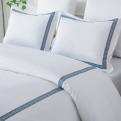 Greek Key Embroidered Cotton Duvet Cover Set, 3 Piece Bedding Set, Queen/King
