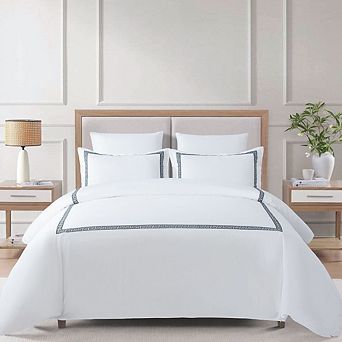 Greek Key Embroidered Cotton Duvet Cover Set, 3 pc Bedding Set, Queen/King