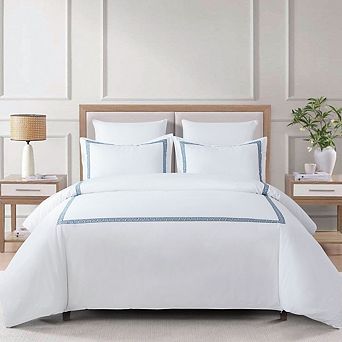 Greek Key Embroidered Cotton Duvet Cover Set, 3 pc Bedding Set, Queen/King