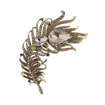 Antique Inspired Golden Tone Shiny Brown Topaz Crystal Rhinestones Peacock Feather Brooch Pin
