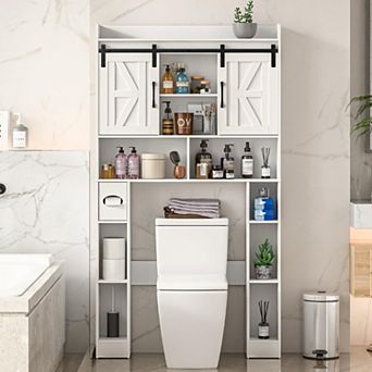 Over The Toilet Storage Cabinet with Sliding Doors, Space-Saving Home Bathroom Organizer Rack