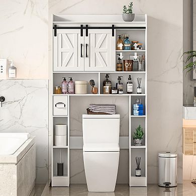 Over The Toilet Storage Cabinet with Sliding Doors, Space-Saving Home Bathroom Organizer Rack