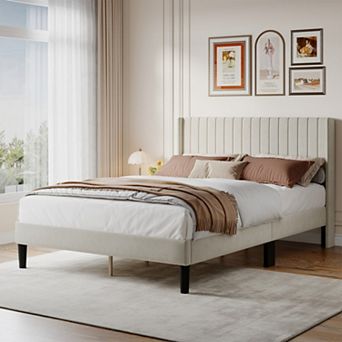 YIORTWO Upholstered Platform Bed Frame with Wingback Headboard, Wood Slat Support