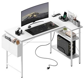 YIORTWO L Shaped Gaming Desk with Power Outlet, Compact Corner Desk with Storage