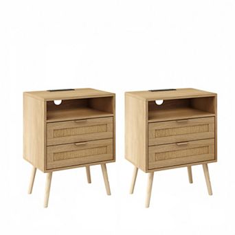 Rattan Nightstand with Charging Station (2 AC/2 USB), LED Lights & 2 Drawers, Boho Bedside Table