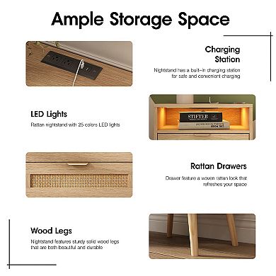 Rattan Nightstand with Charging Station (2 AC/2 USB), LED Lights & 2 Drawers, Boho Bedside Table