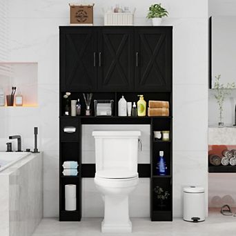 Over The Toilet Storage Cabinet with 3 Barn Doors, Space-Saving Bathroom Organizer Rack with Shelves