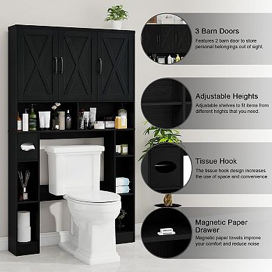 Over The Toilet Storage Cabinet with 3 Barn Doors, Space-Saving Bathroom Organizer Rack with Shelves